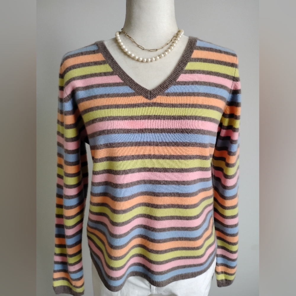 Talbots Vintage Cashmere V-Neck Sweater Candy Colorful Stripe Classic Size. Med - Picture 4 of 13